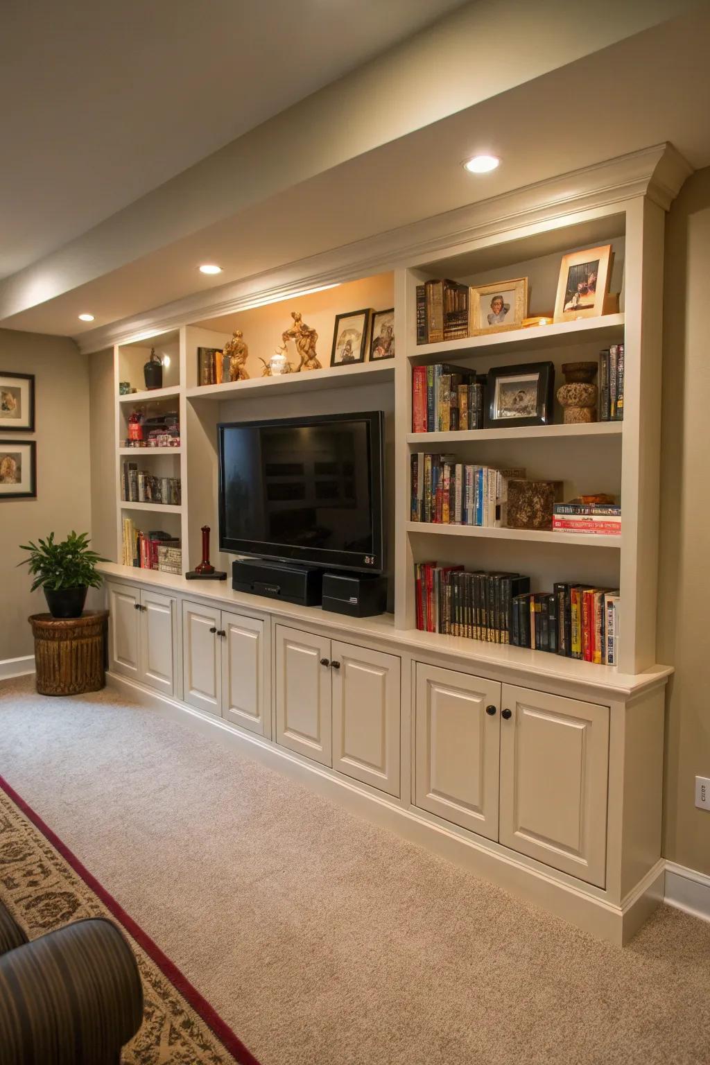 A custom-built unit elegantly frames the TV with ample shelving.
