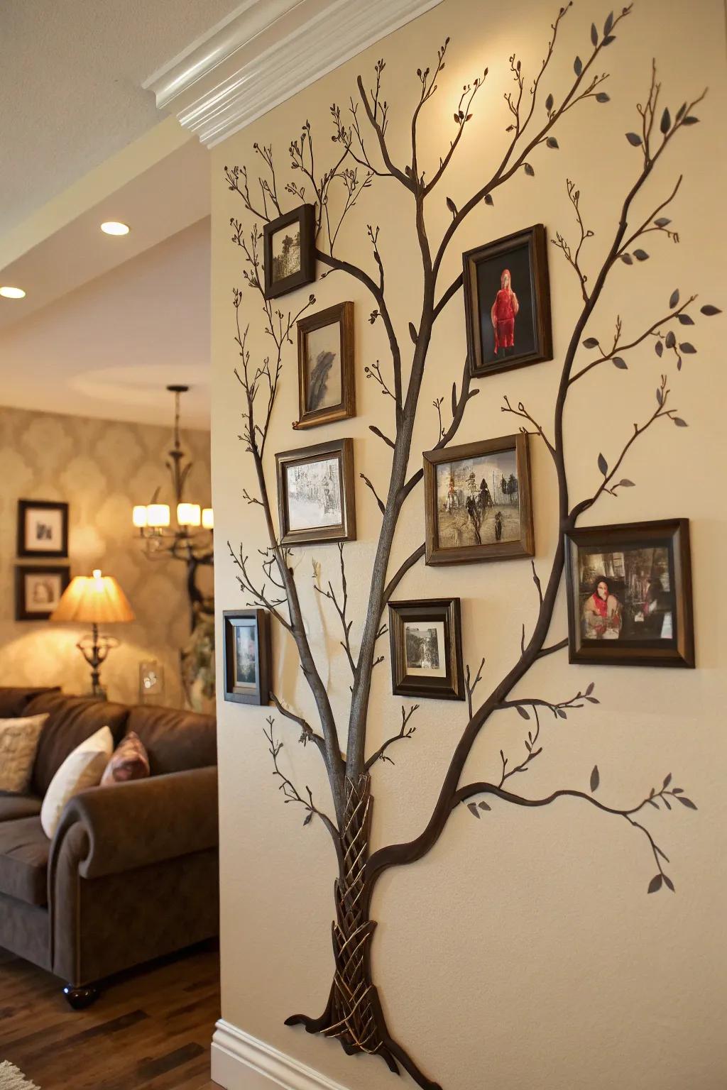 An imaginative genealogical showcase featuring branches and embedded family portraits.