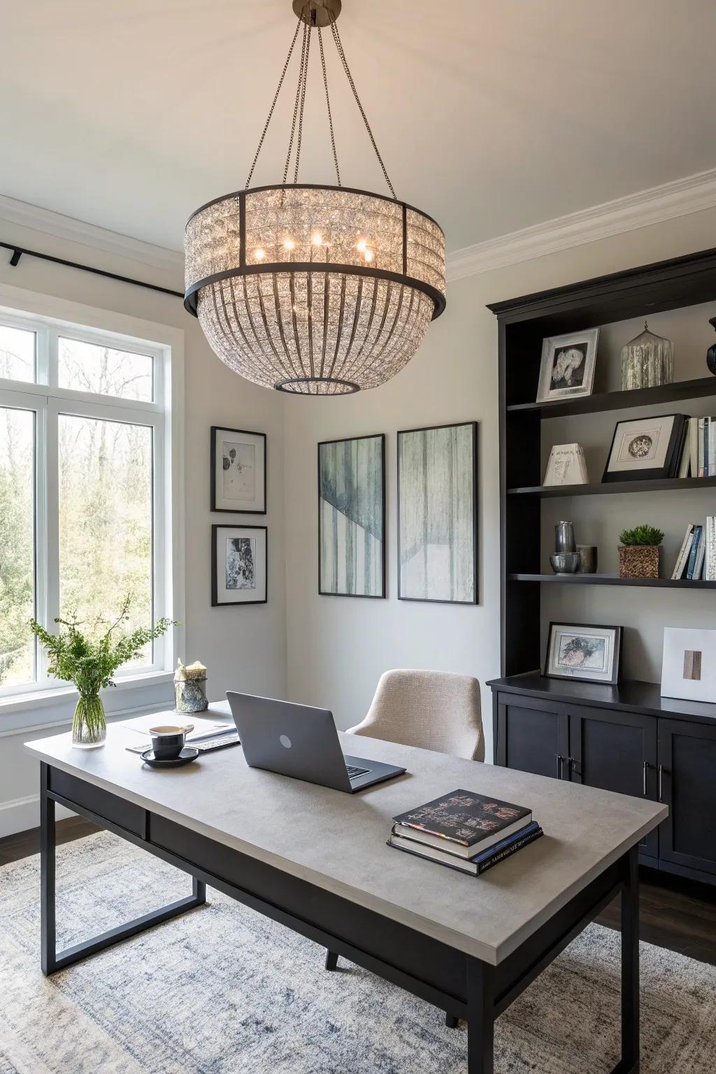 Statement lighting dramatically alters the ambiance of an office.