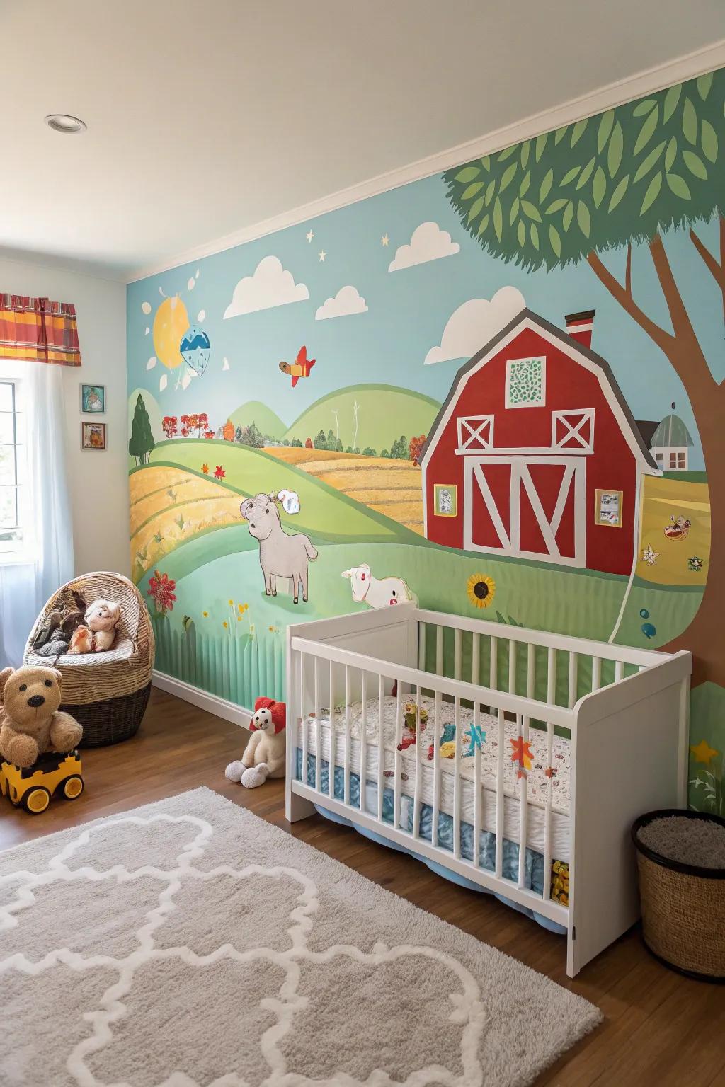 A wall painting can turn a nursery into an idyllic farmyard dream.
