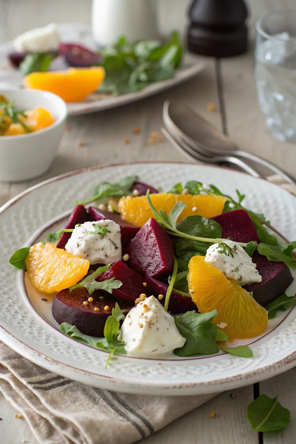 Earthy crimson roots harmonize with velvety ricotta in this lively salad.