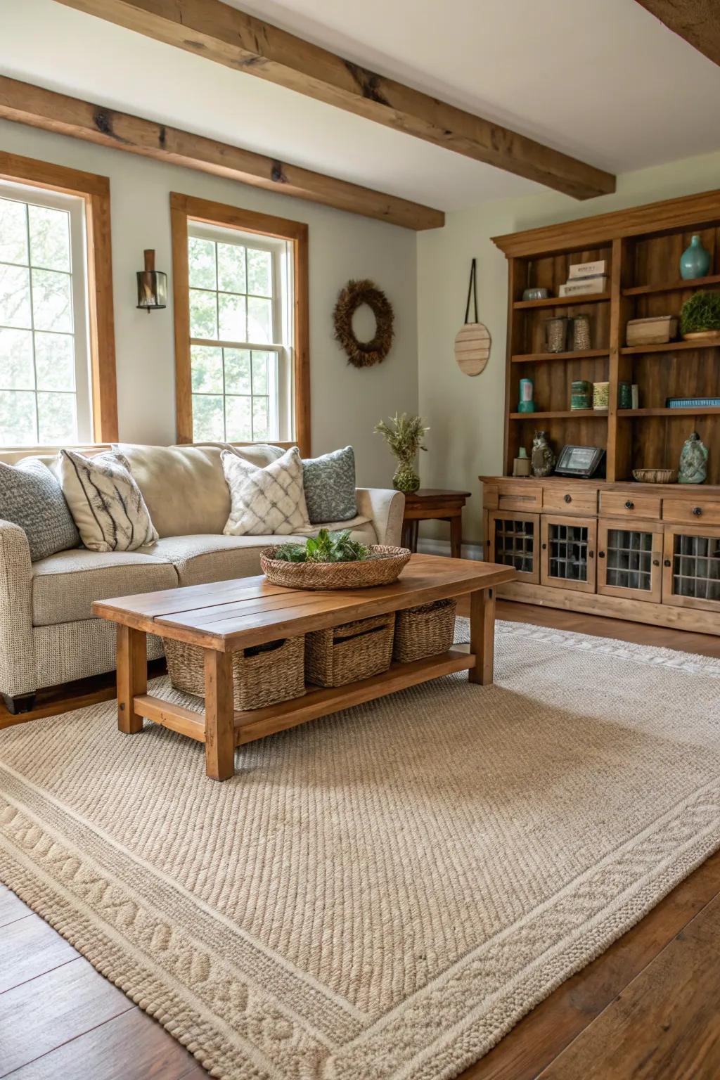 A light-toned area rug gives a peaceful setting in a farmhouse living space.