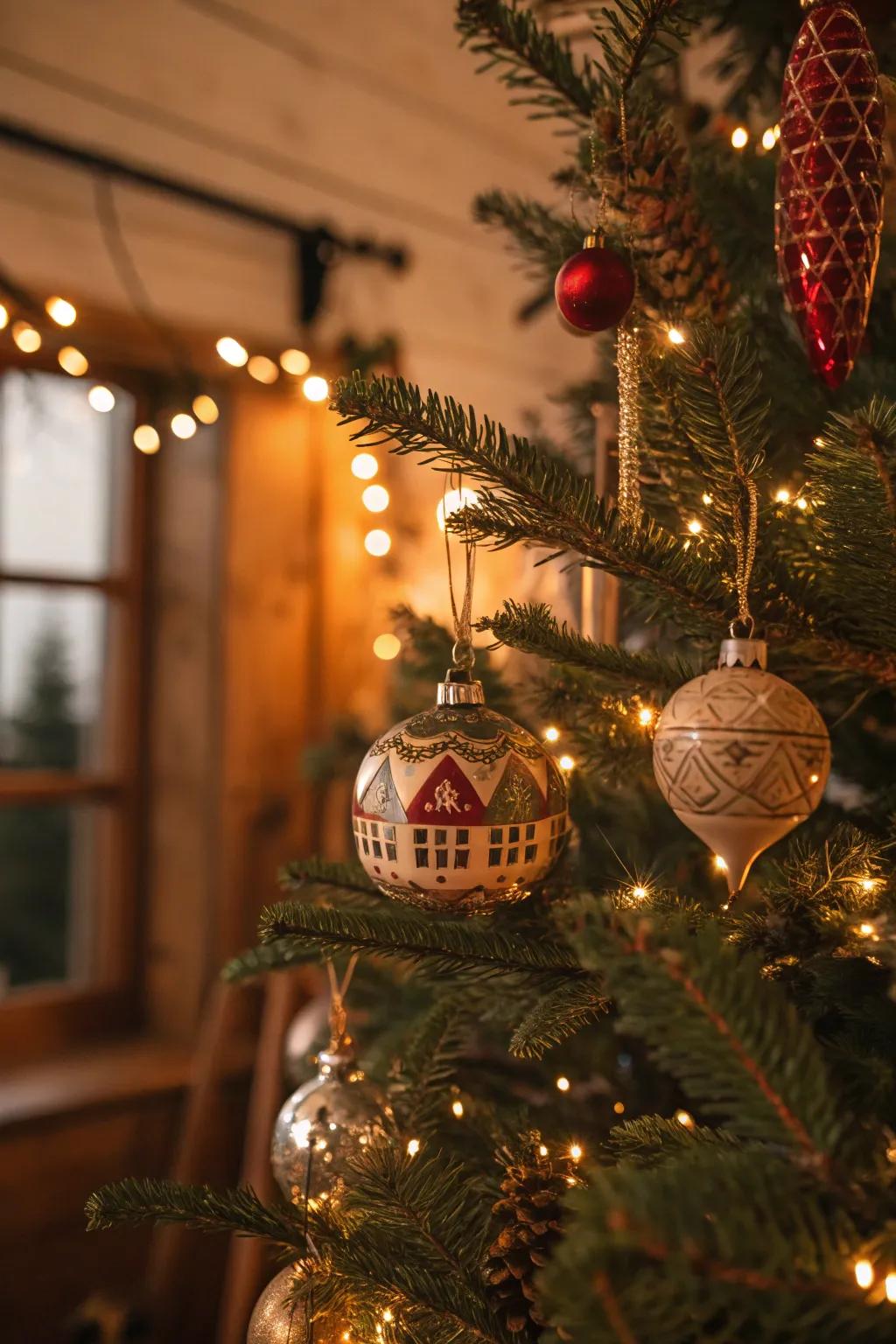 Classic ornaments bring a nostalgic nuance to this farmhouse Christmas tree.