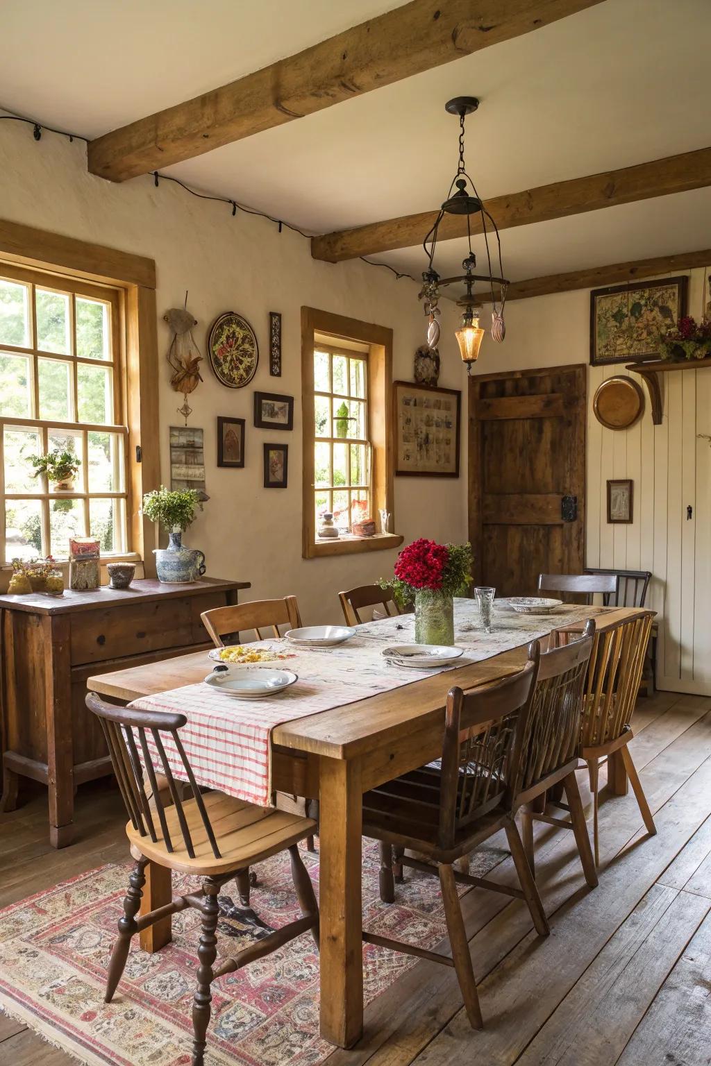 An assortment of chairs infuses a comfortable and diverse atmosphere into this farmhouse dining room.