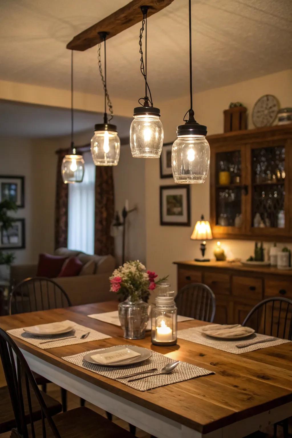 Preserving jar lights offer a playful yet rustic charm to your dining space.