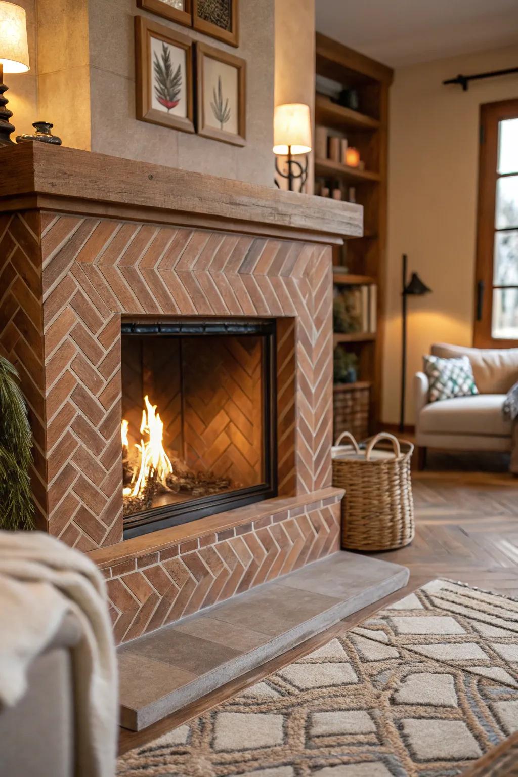 A sophisticated chevron tile arrangement graces a farmhouse fireplace.
