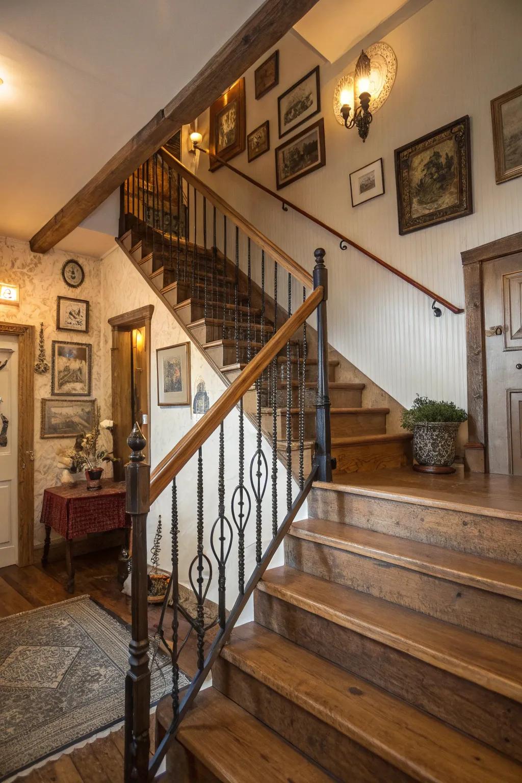 For a modern farmhouse look, mix metal and wood railings.