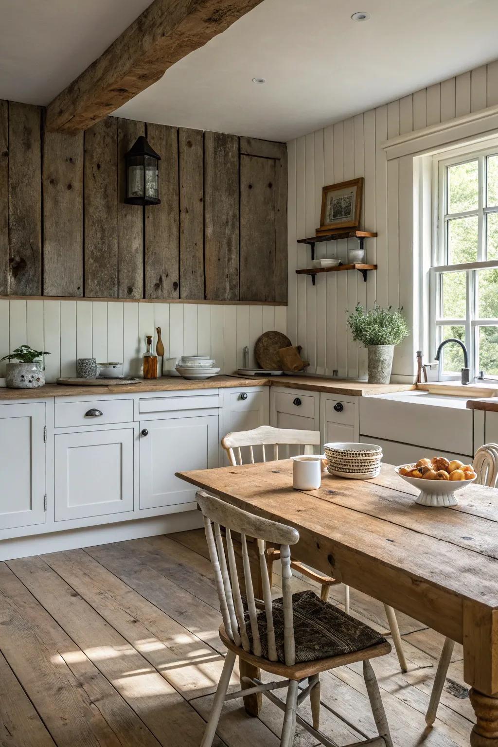 A farmhouse kitchen adorned with a weathered wood panel backsplash.