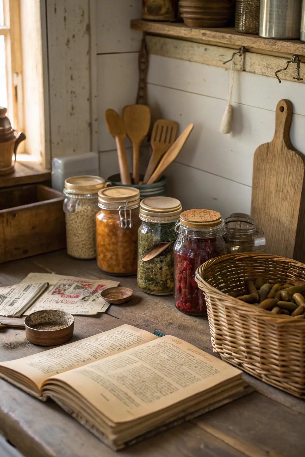 Alluring vintage jars adding personality to a farmhouse kitchen.