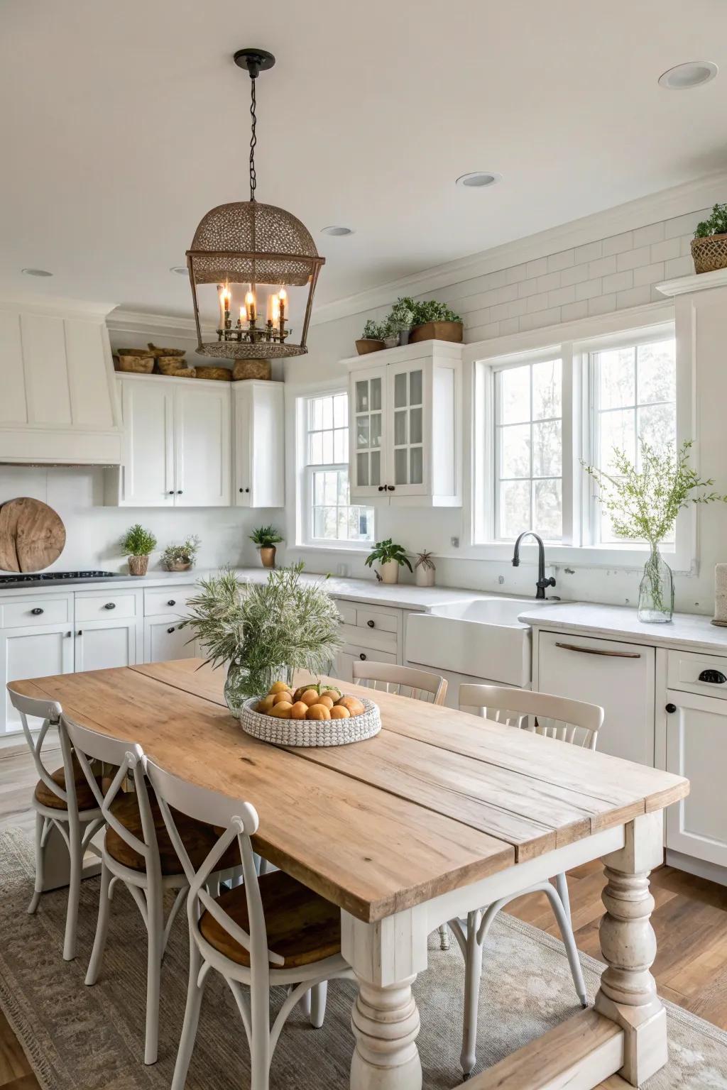 A radiant farmhouse kitchen featuring white cabinetry and soft, neutral details.