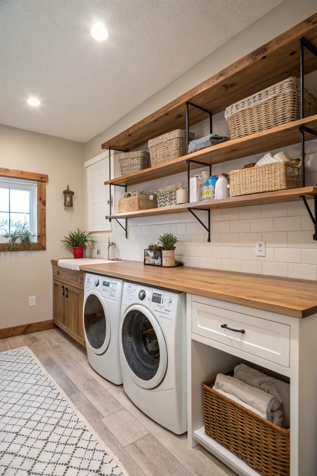 Warm wood features lend allure and utility in this farmhouse laundry area.