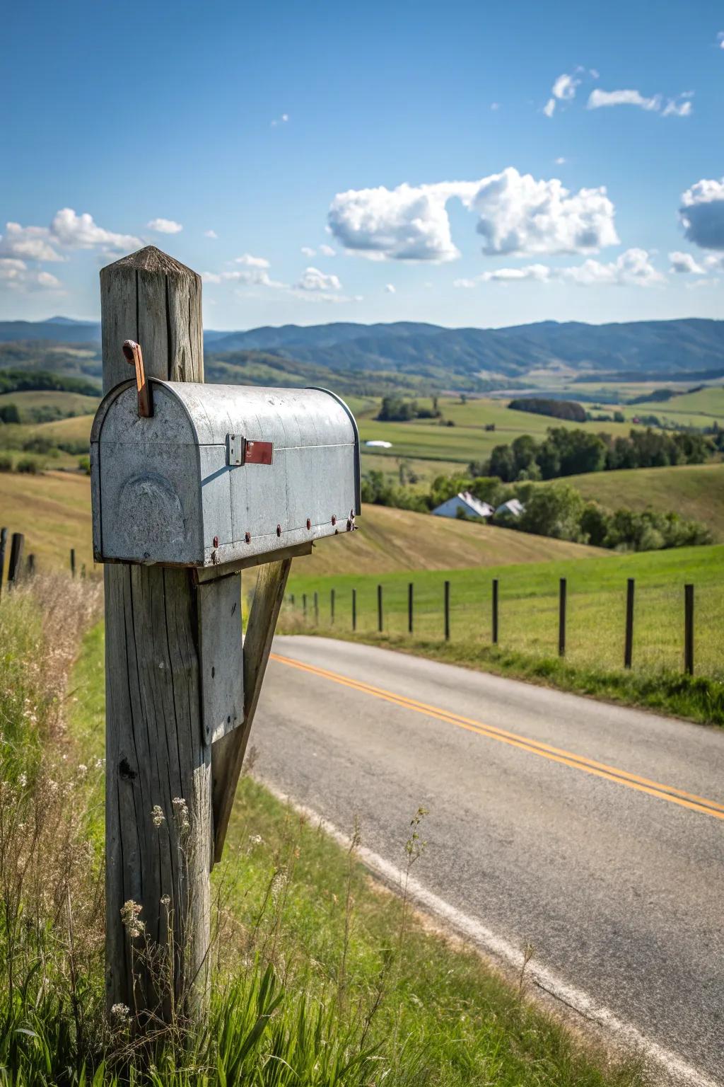 An electroplated steel letterbox introduces industrial charm to a pastoral backdrop.