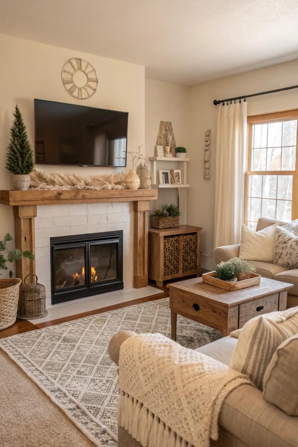 A tranquil farmhouse mantel showcasing a subdued color palette, complete with a TV above.