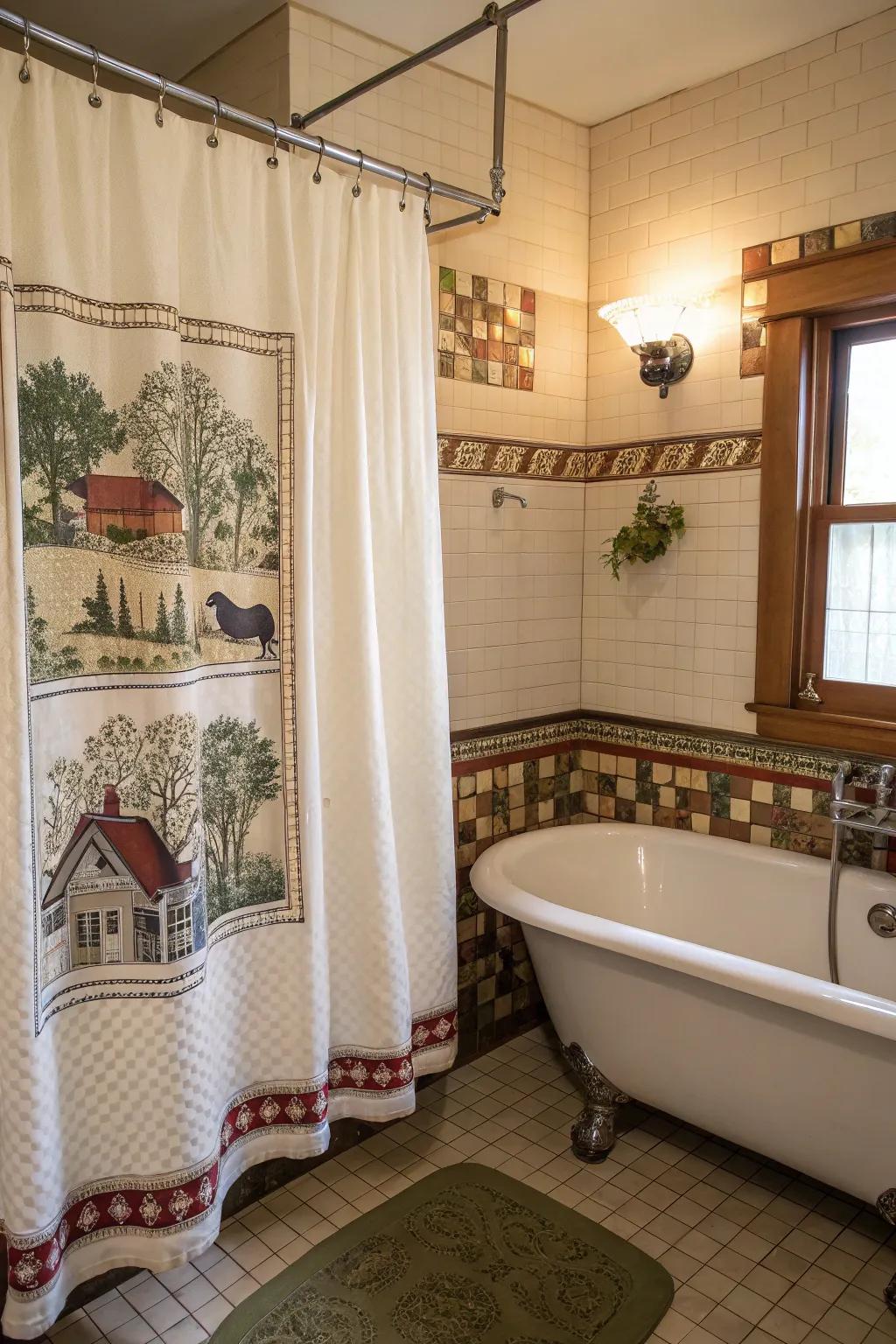 A bathroom showcasing a vintage-inspired shower curtain with endearing farm scenery.
