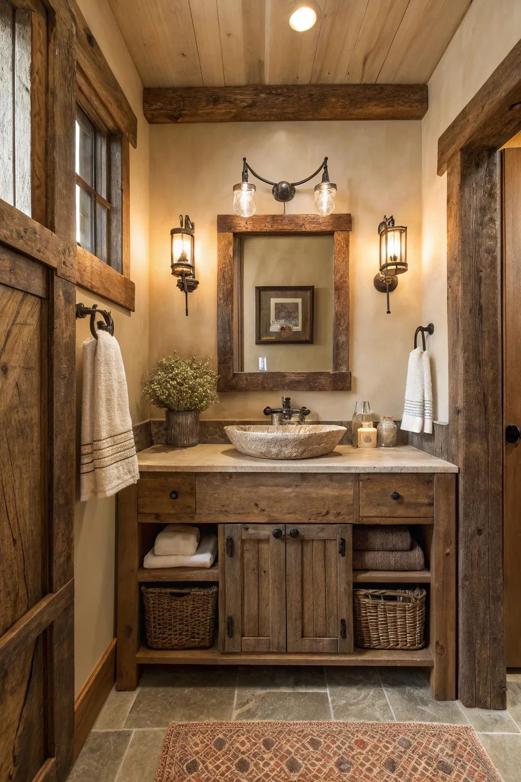 An upcycled timber sink unit introduces rustic elegance to this farmhouse bathroom.