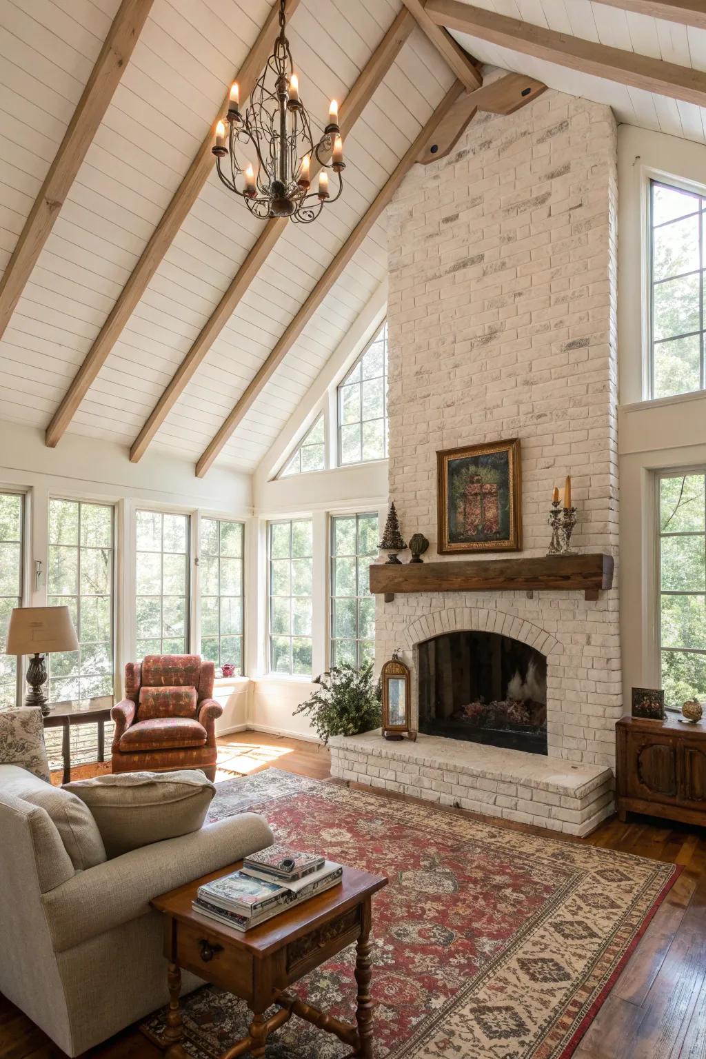A milky washed stone hearth in a radiant and spacious living area.