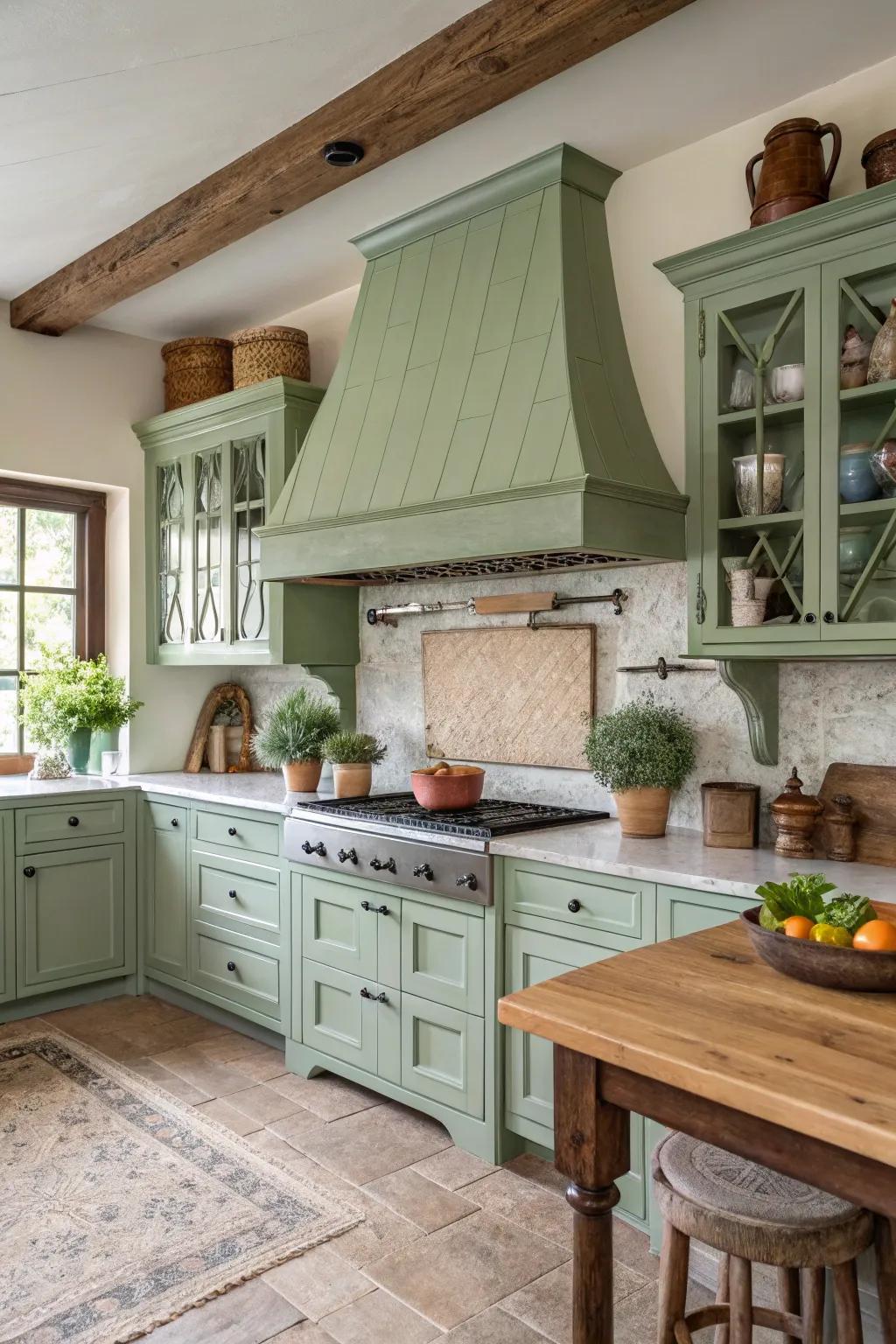 A painted range hood in sage green seamlessly blends into the farmhouse kitchen.