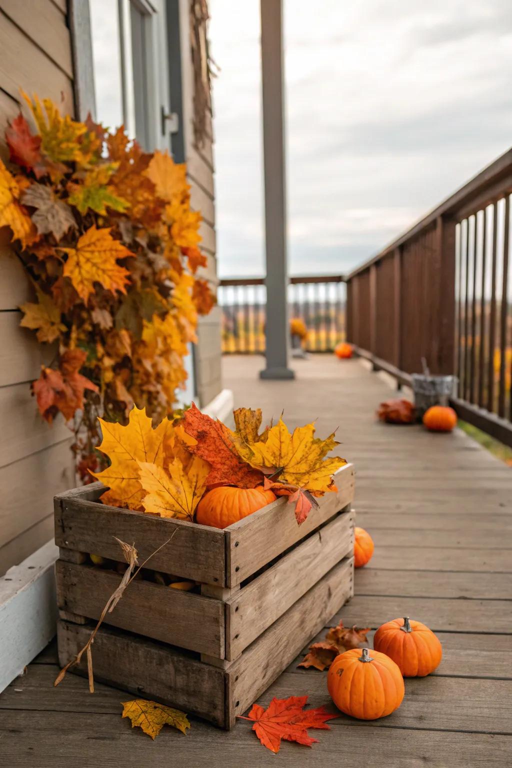 Rustic container highlighting autumnal seasonal decor.