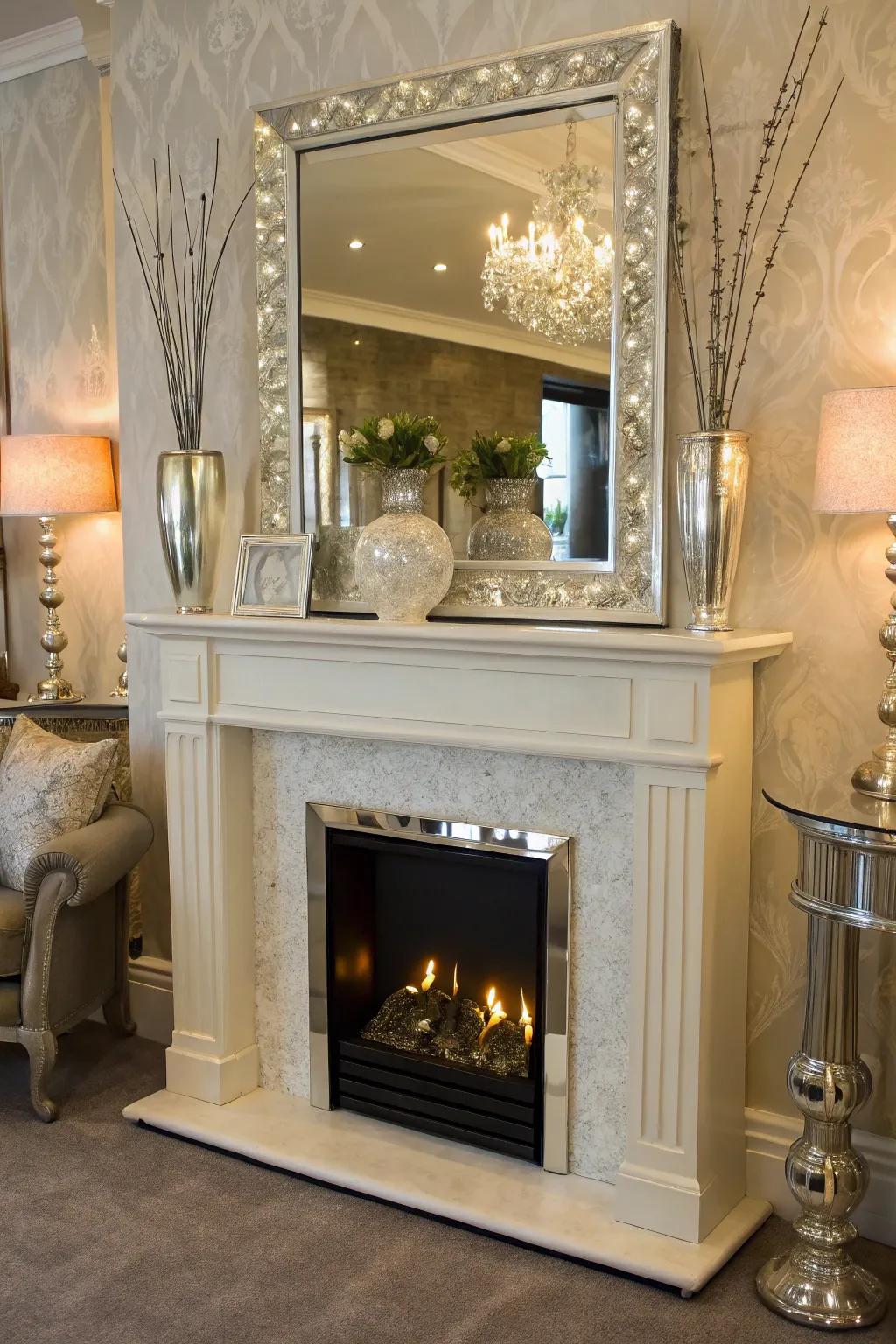 An imitation fireplace showcasing a fashionable mirrored background for added depth.