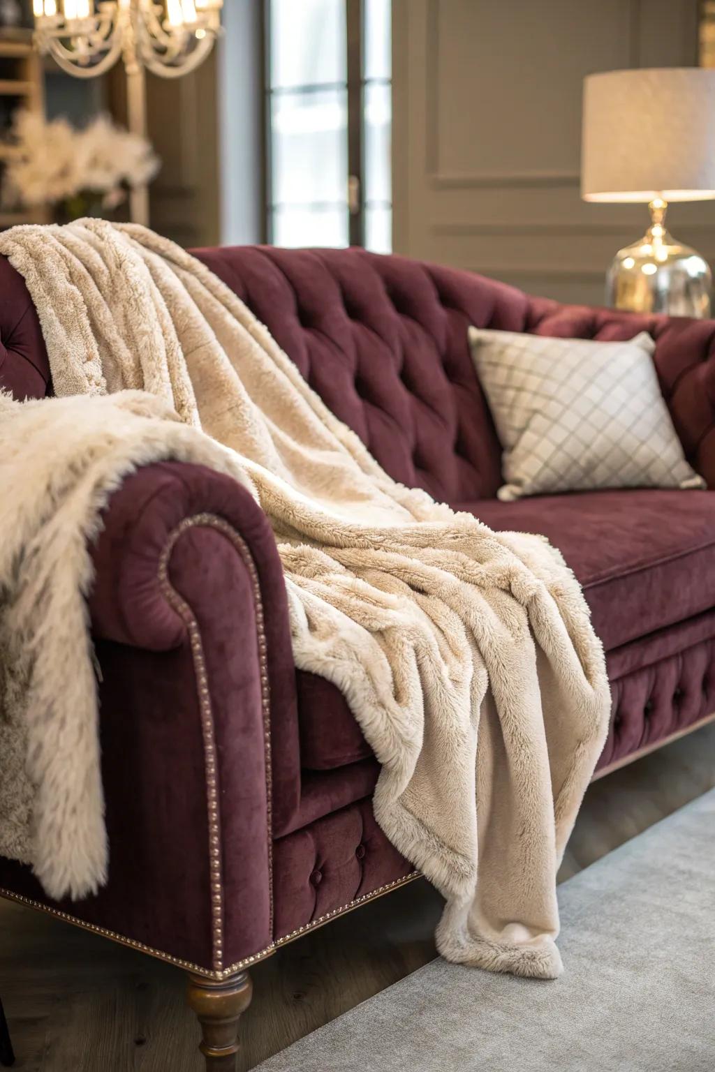 A velvet couch decorated with comfortable imitation fur throws, creating a lavish atmosphere.