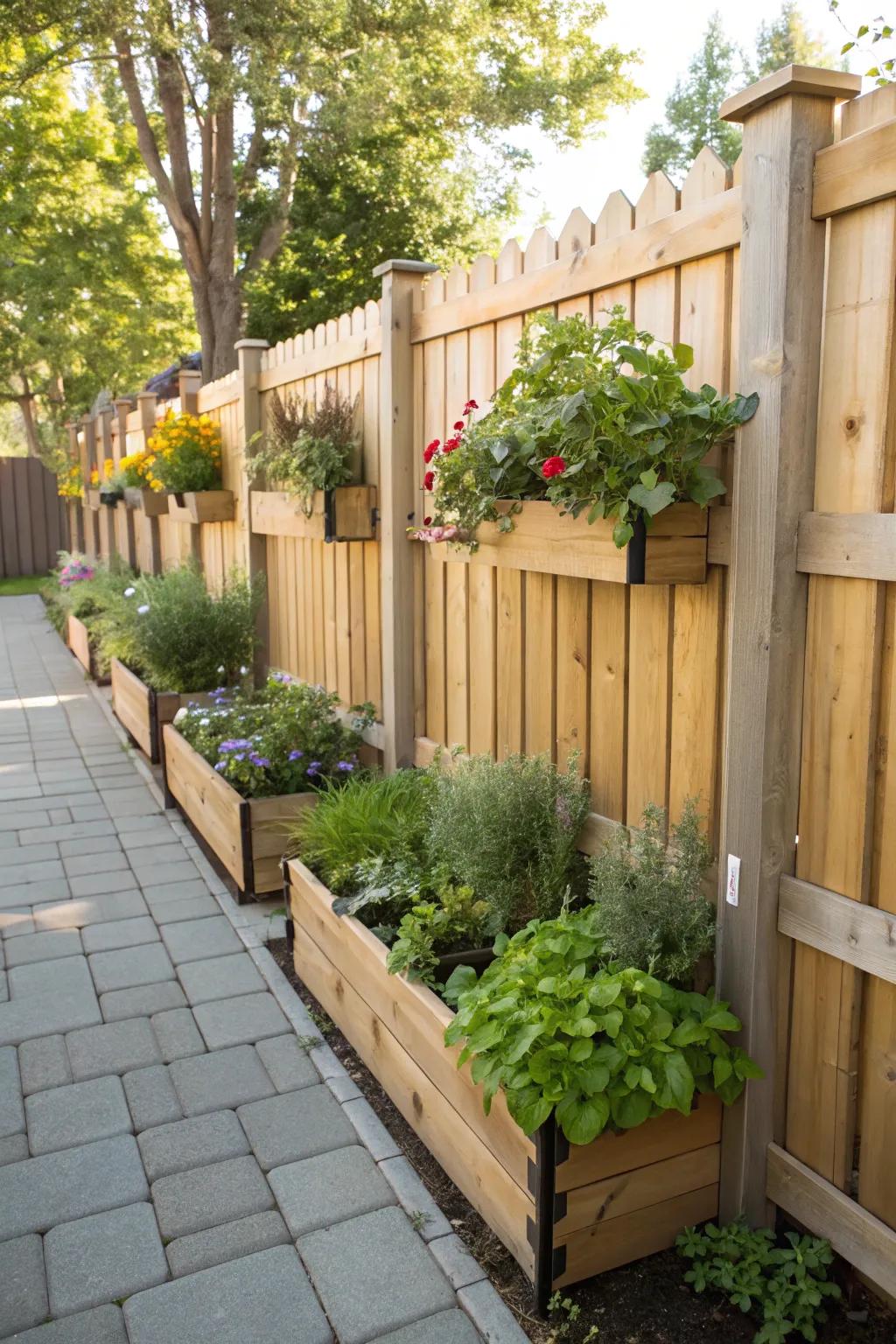 Wooden fence screens featuring built-in gardens for a vibrant aesthetic.