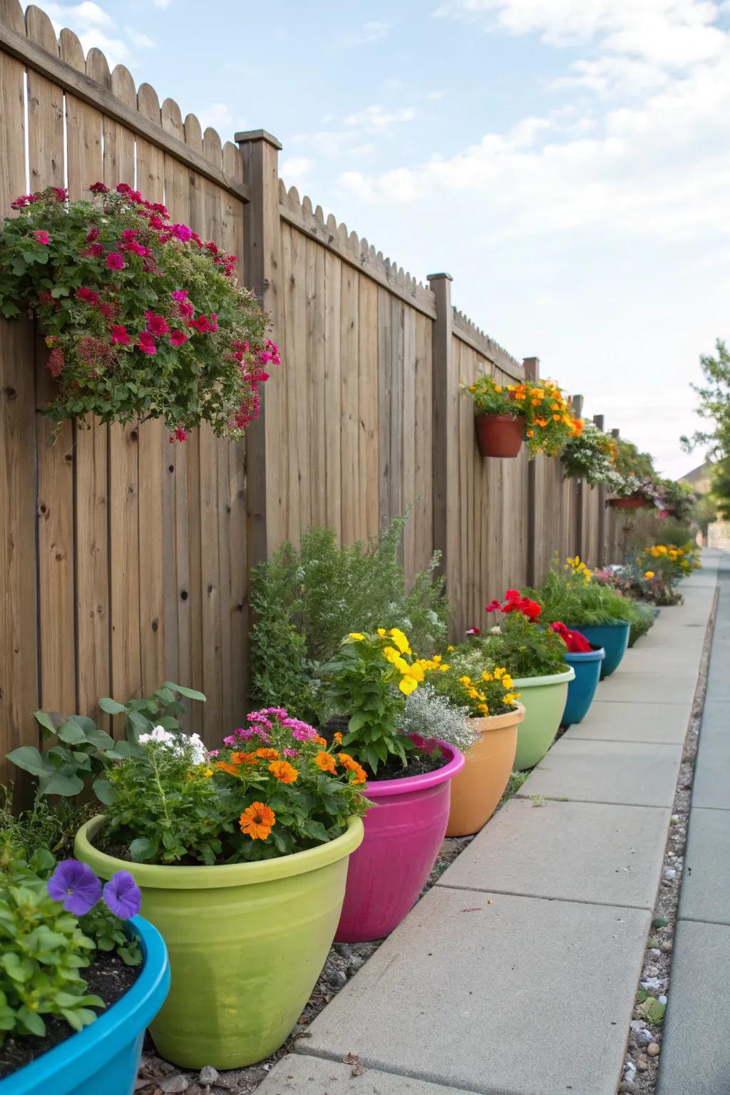 An array of potted plants enlivens any fence setting.