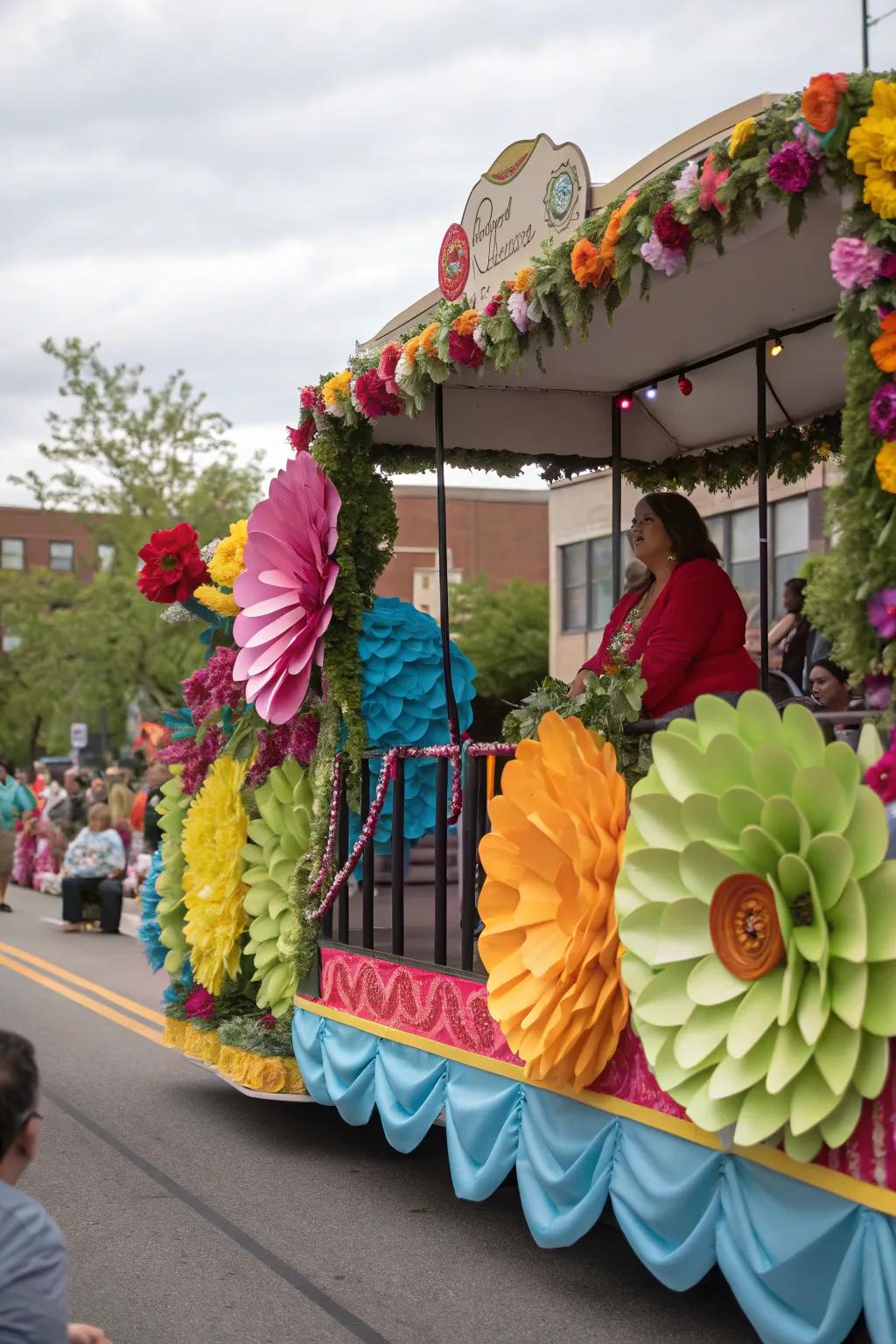 A floral spectacle on a party procession vehicle.