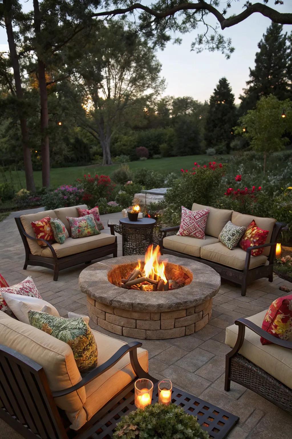 Cushioned seats deliver both comfort and style near the fire pit.