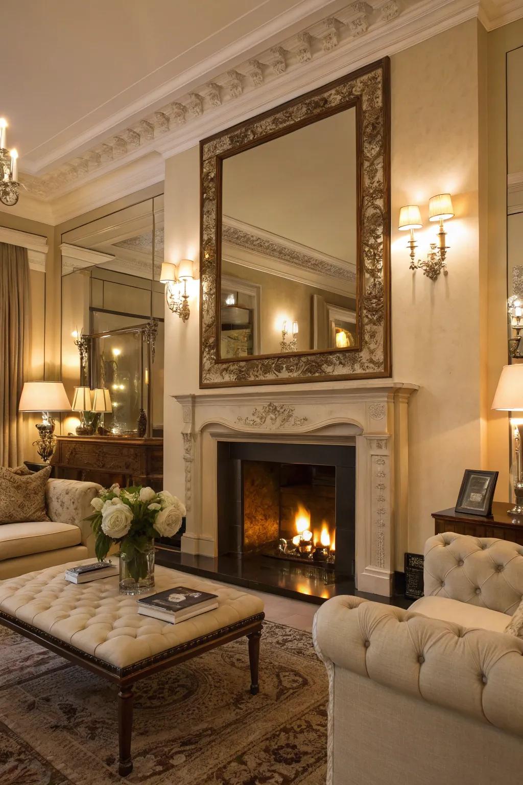 An elegant living room enhanced with a large mirror above the fireplace, creating depth and light.