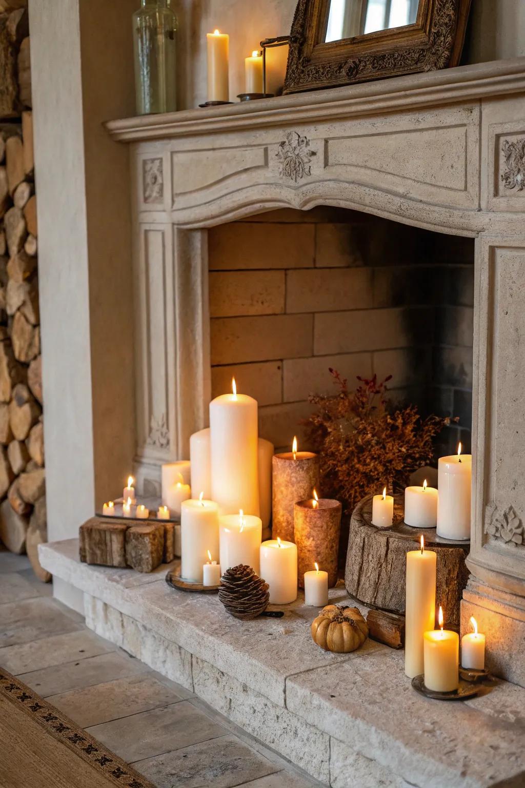 Fashion a sophisticated ambiance with a grouped arrangement of lights in your fireplace.