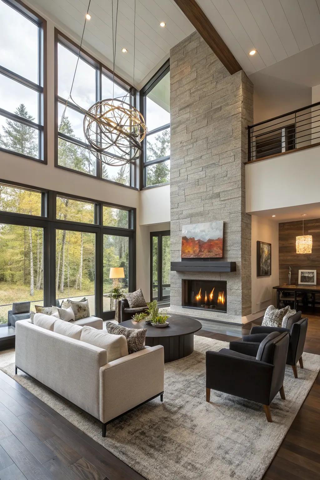 An open-concept layout showcasing a dual-sided fireplace linking the living and dining zones.