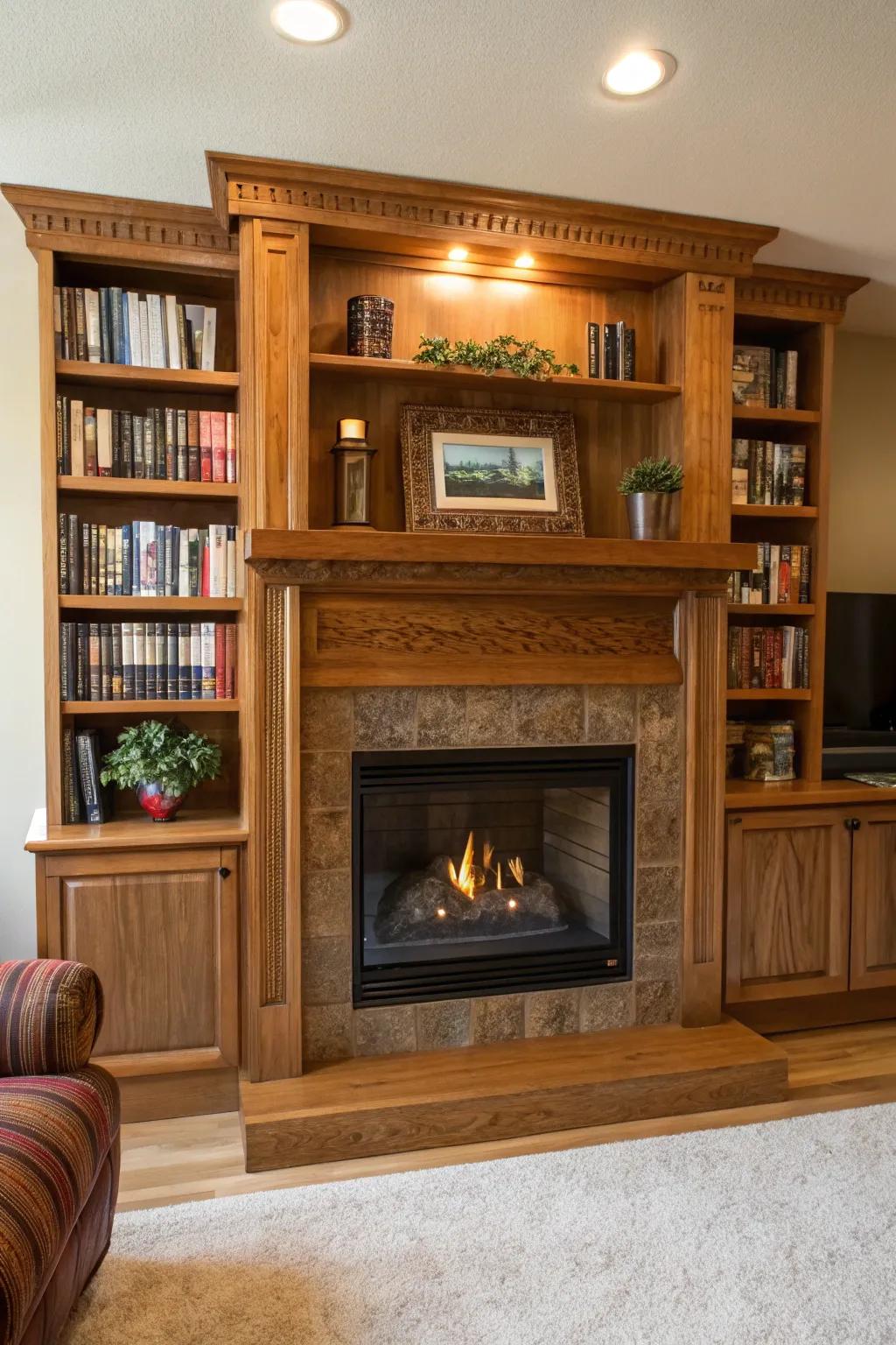 Integrated shelves introduce both flair and utility to this welcoming fireplace setting.