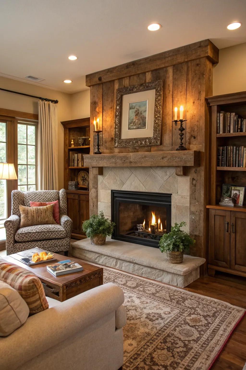 Wooden accents infuse your fireplace with warmth and personality.