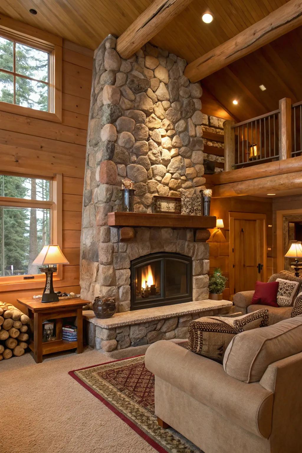 Welcome nature indoors with a rustic, natural fireplace design.