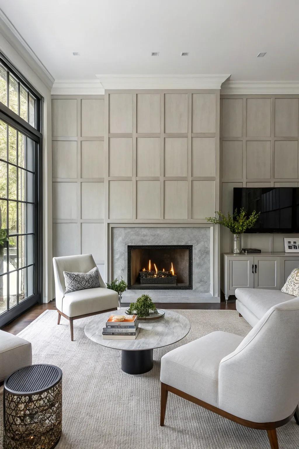 A minimalist living space boasting a streamlined fireplace border and muted tones.