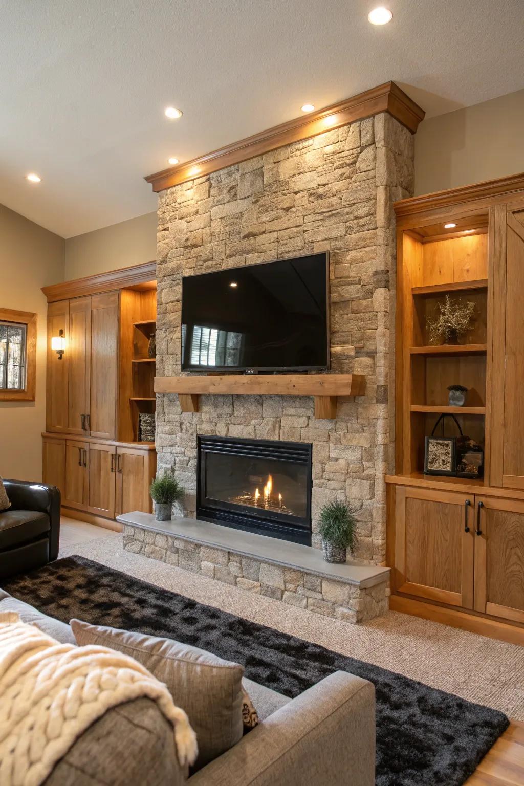 Create a sense of harmony with a unified TV and fireplace wall, offering a flawless aesthetic. #HomeHarmony #LivingRoomGoals