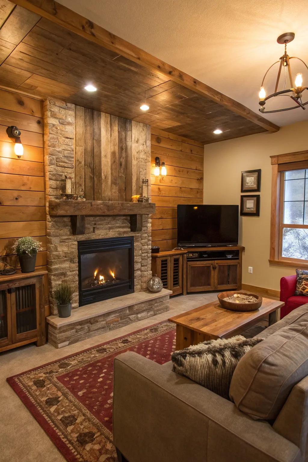 A welcoming living space with a fireplace wall and TV, both enhanced by timber elements.