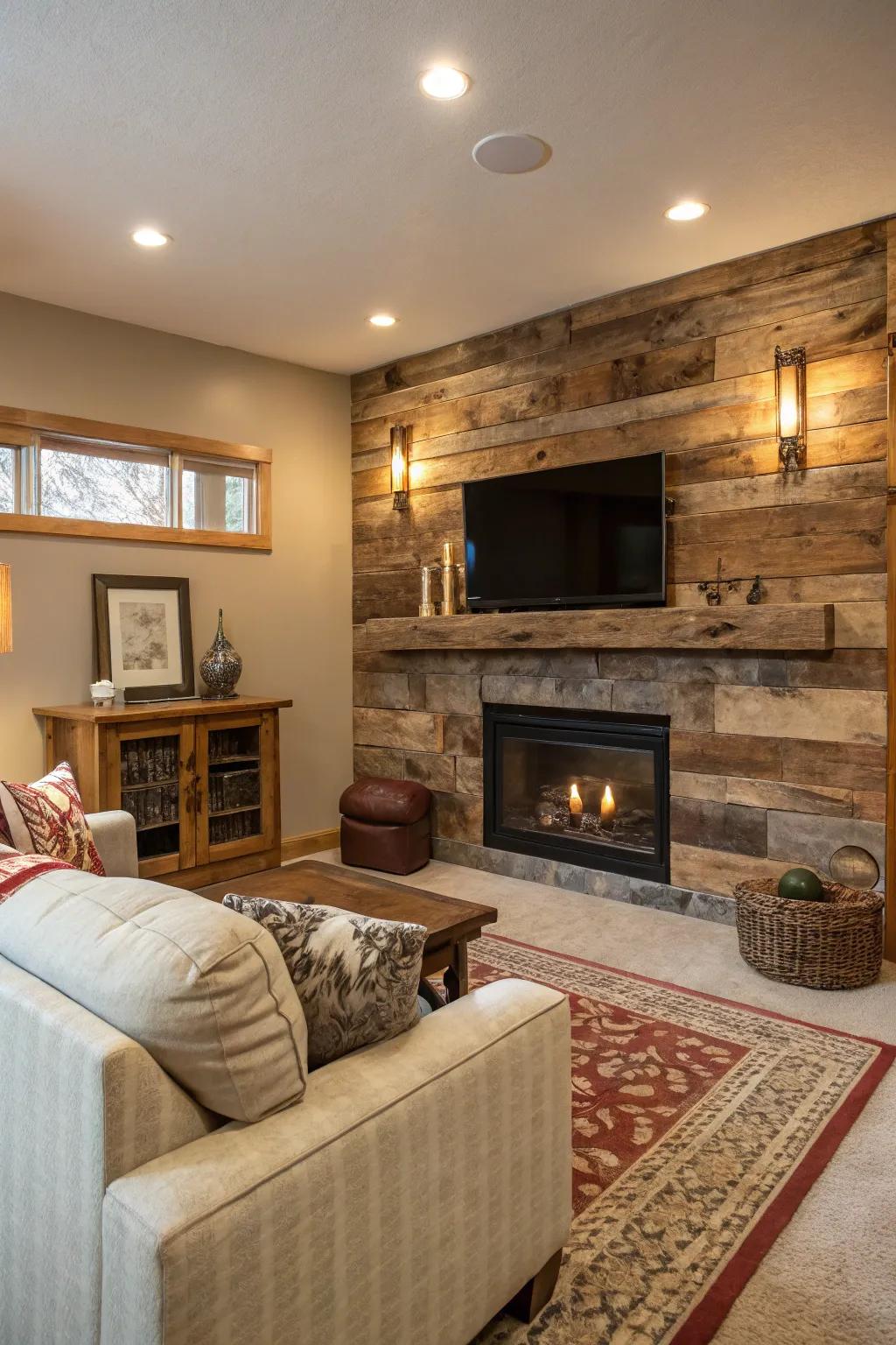 Reclaimed lumber bestows countryside charm upon this fireplace wall.