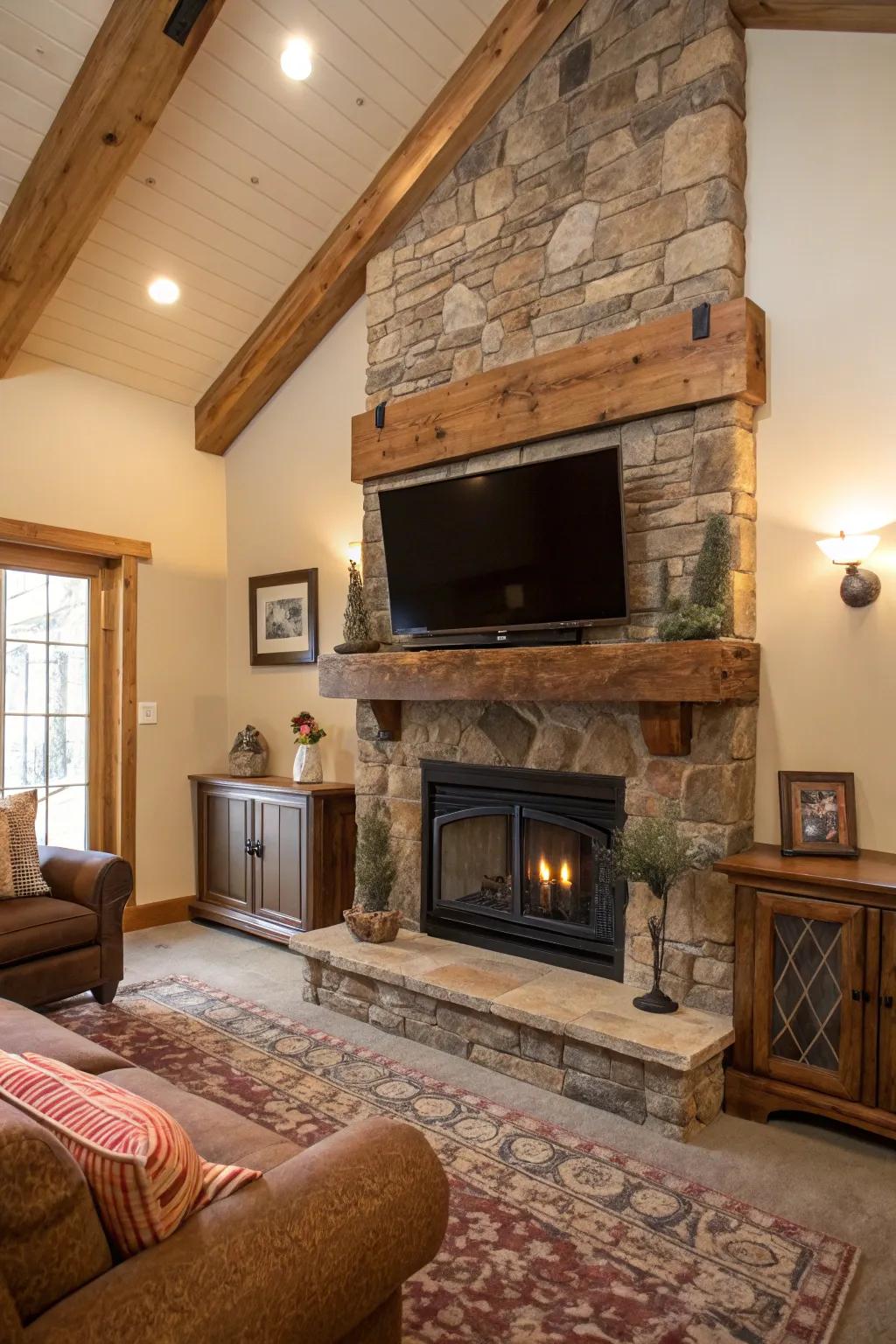 A cozy lounge featuring a stone fireplace and TV, giving off a sense of warmth.
