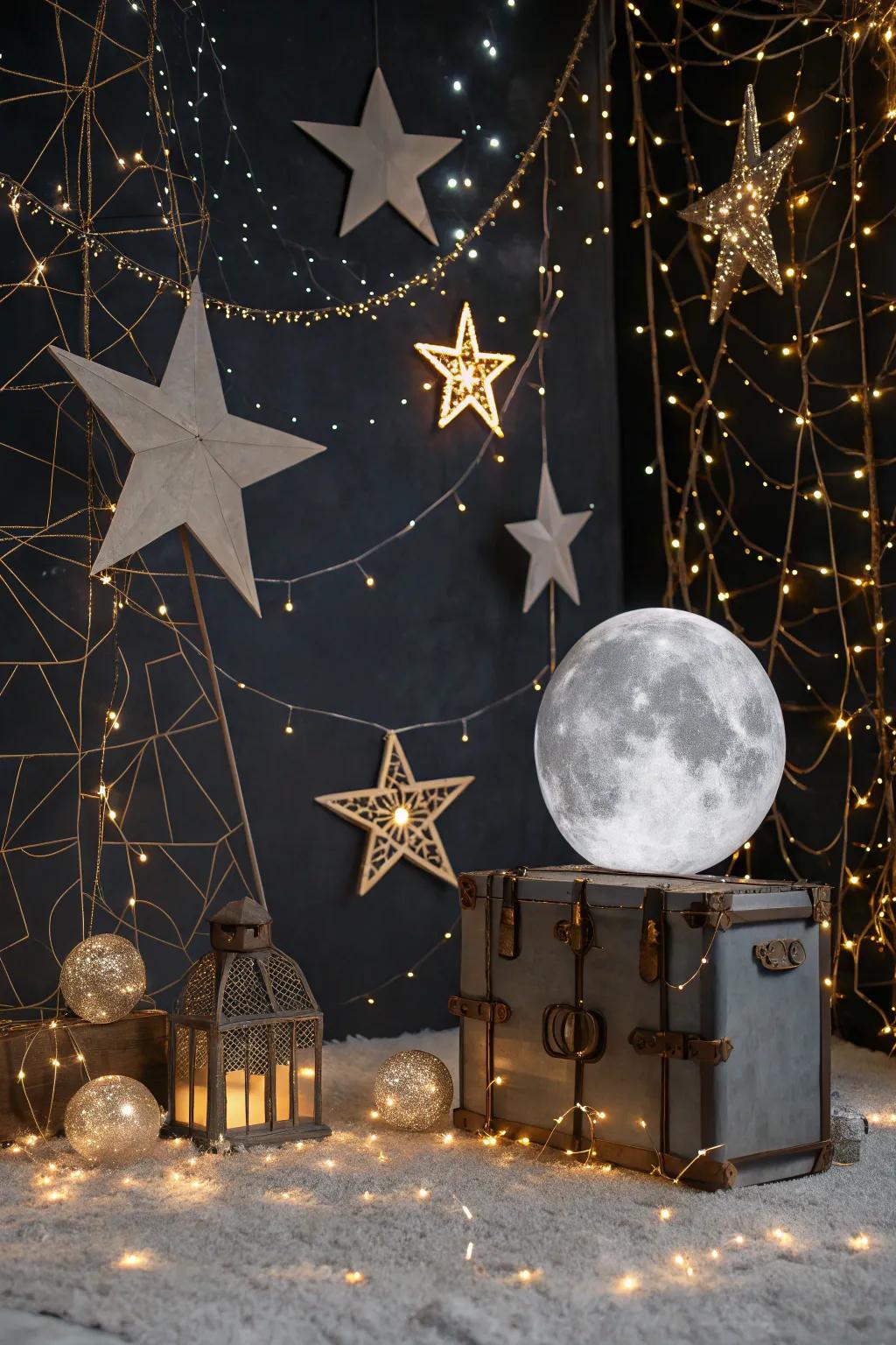 An astrally themed backdrop, ideal for an ethereal initial birthday festivity.