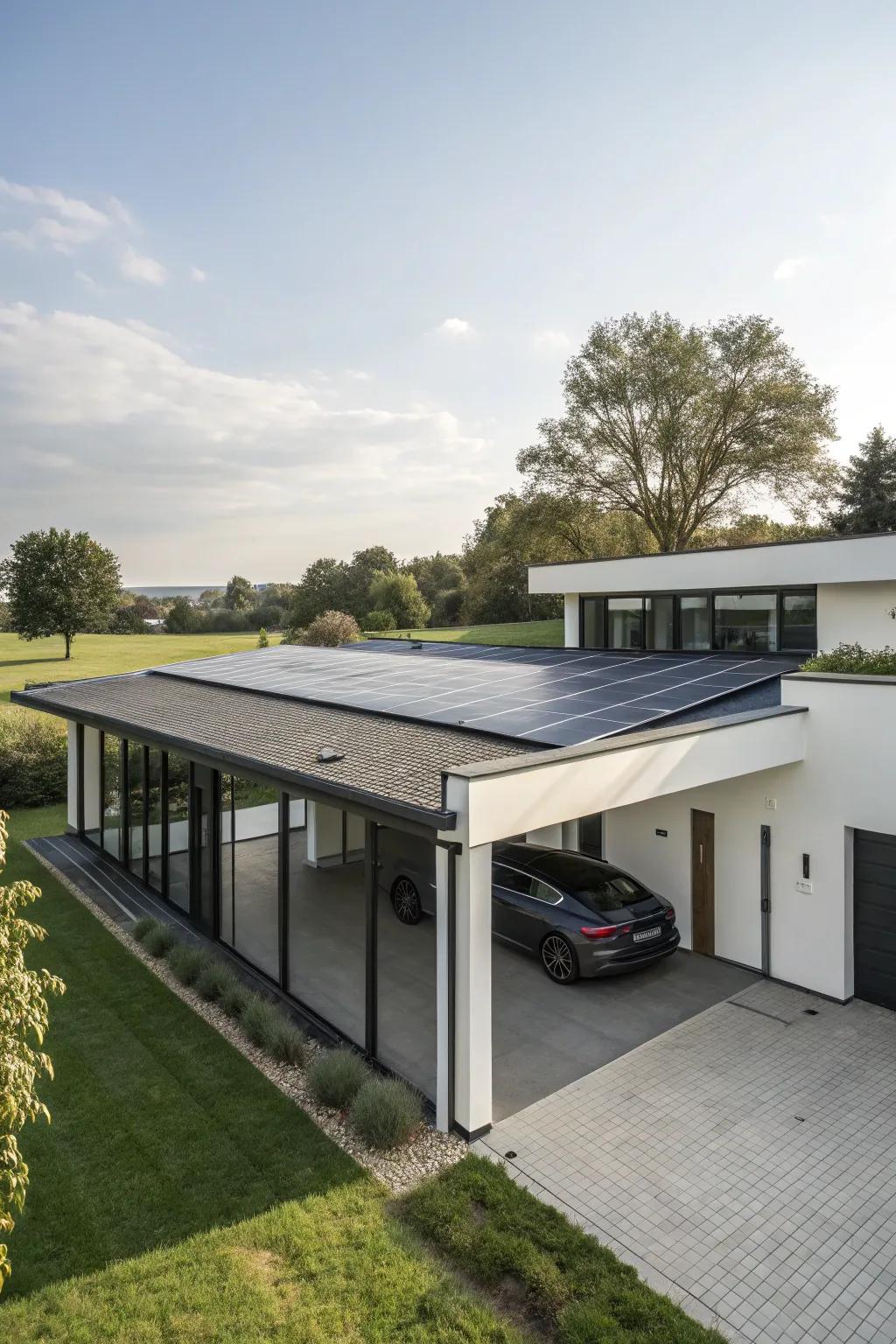 Employ the sun’s might via solar collectors positioned atop your flat roof garage.