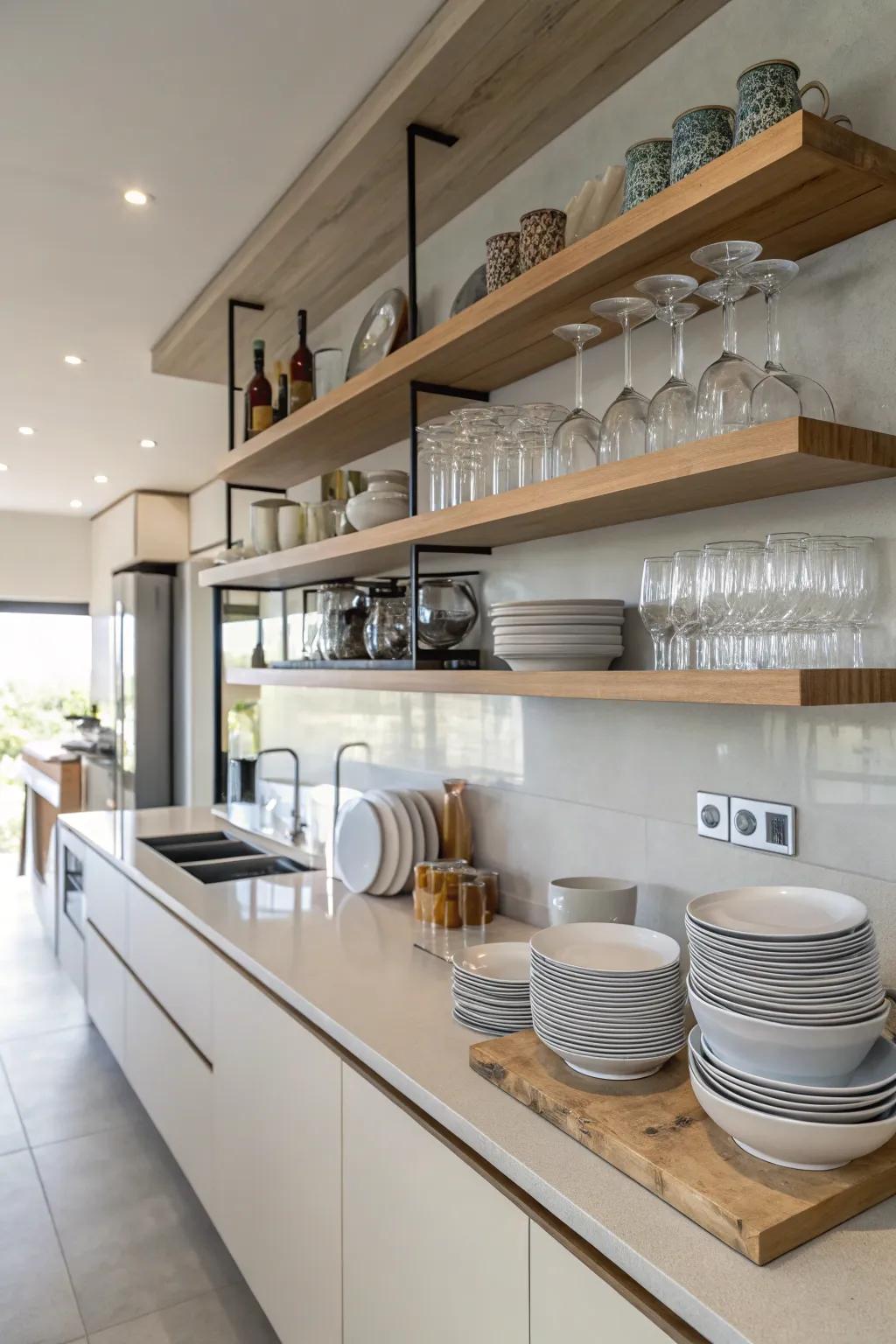 Display racks within the cooking area showcasing refined tableware.