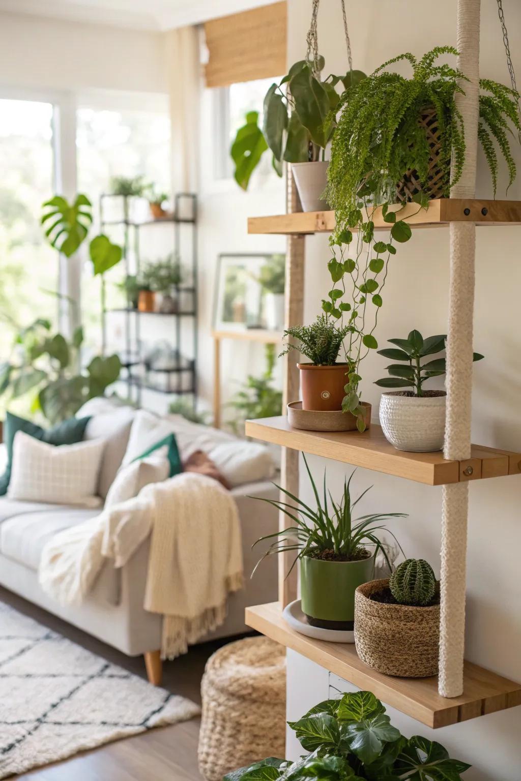 Lush plants embellish floating shelves