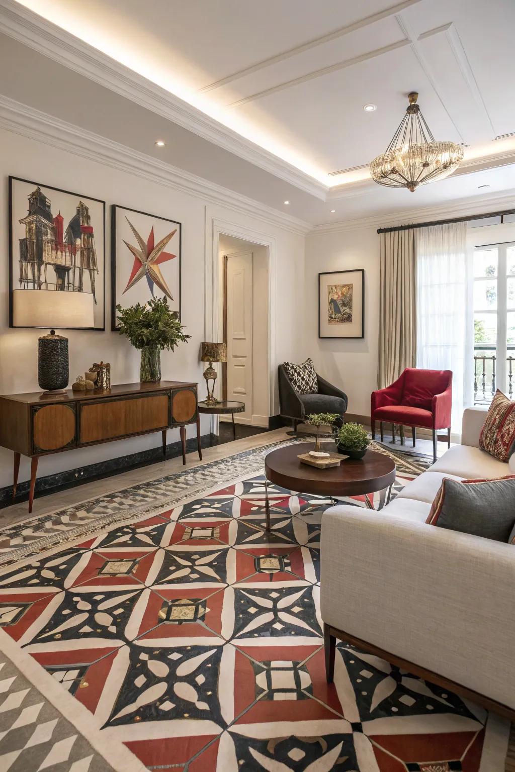 Geometric patterns infuse a dynamic flair into floor design.