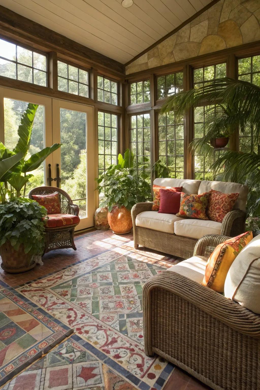 A Mediterranean-style sunroom featuring tile flooring.