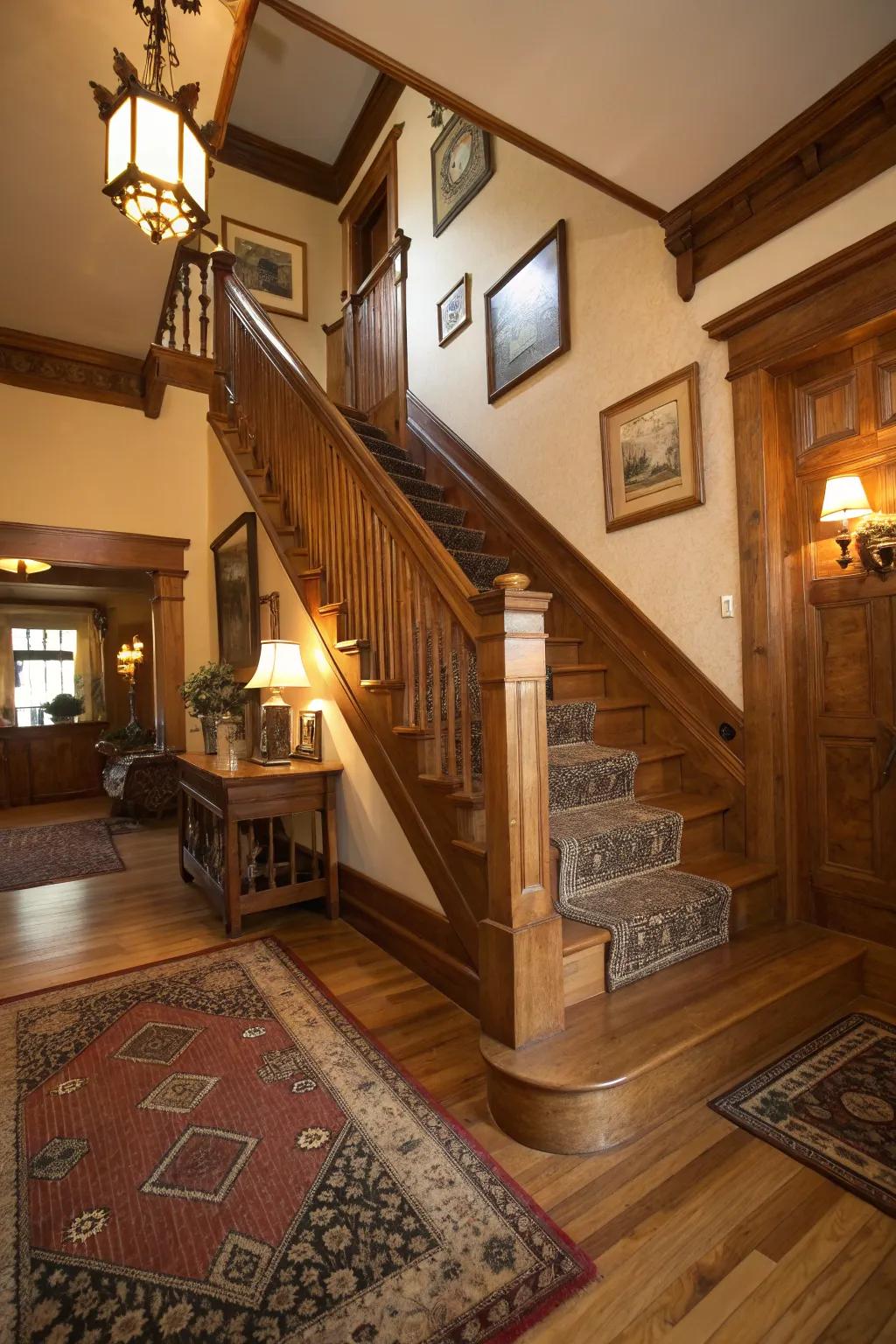 Traditional wood steps contribute warmth and classic allure to any staircase.