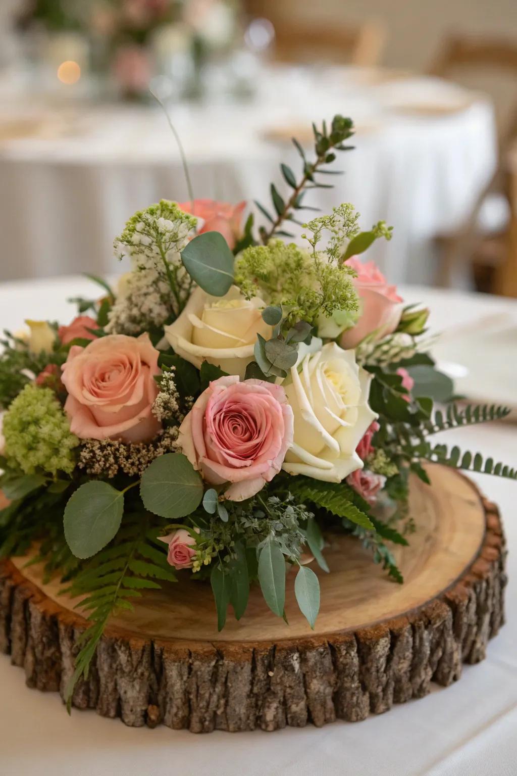 A floral centerpiece with roses and greenery on a wooden slice.