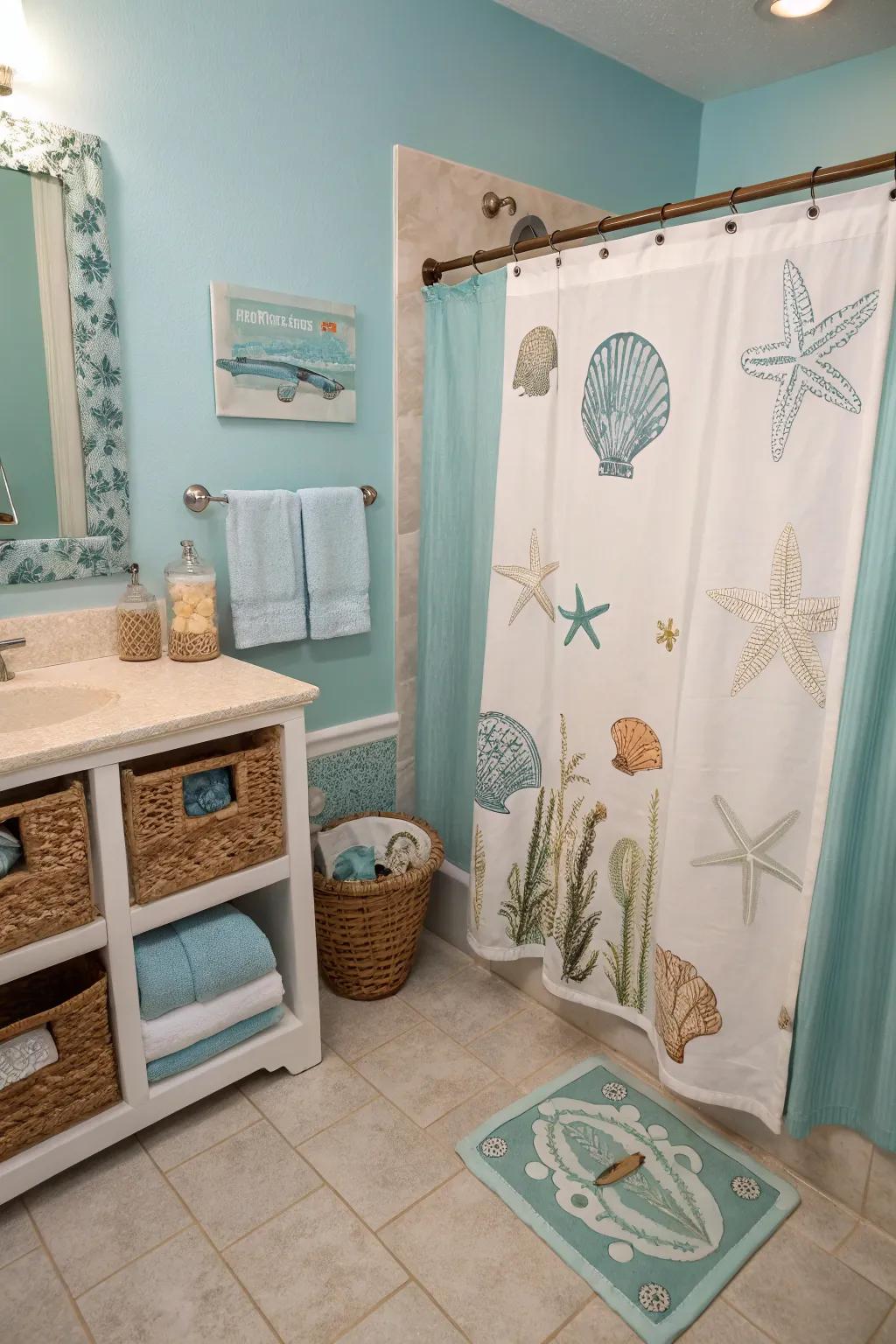 A coastal color palette transports the beach to your bathroom.