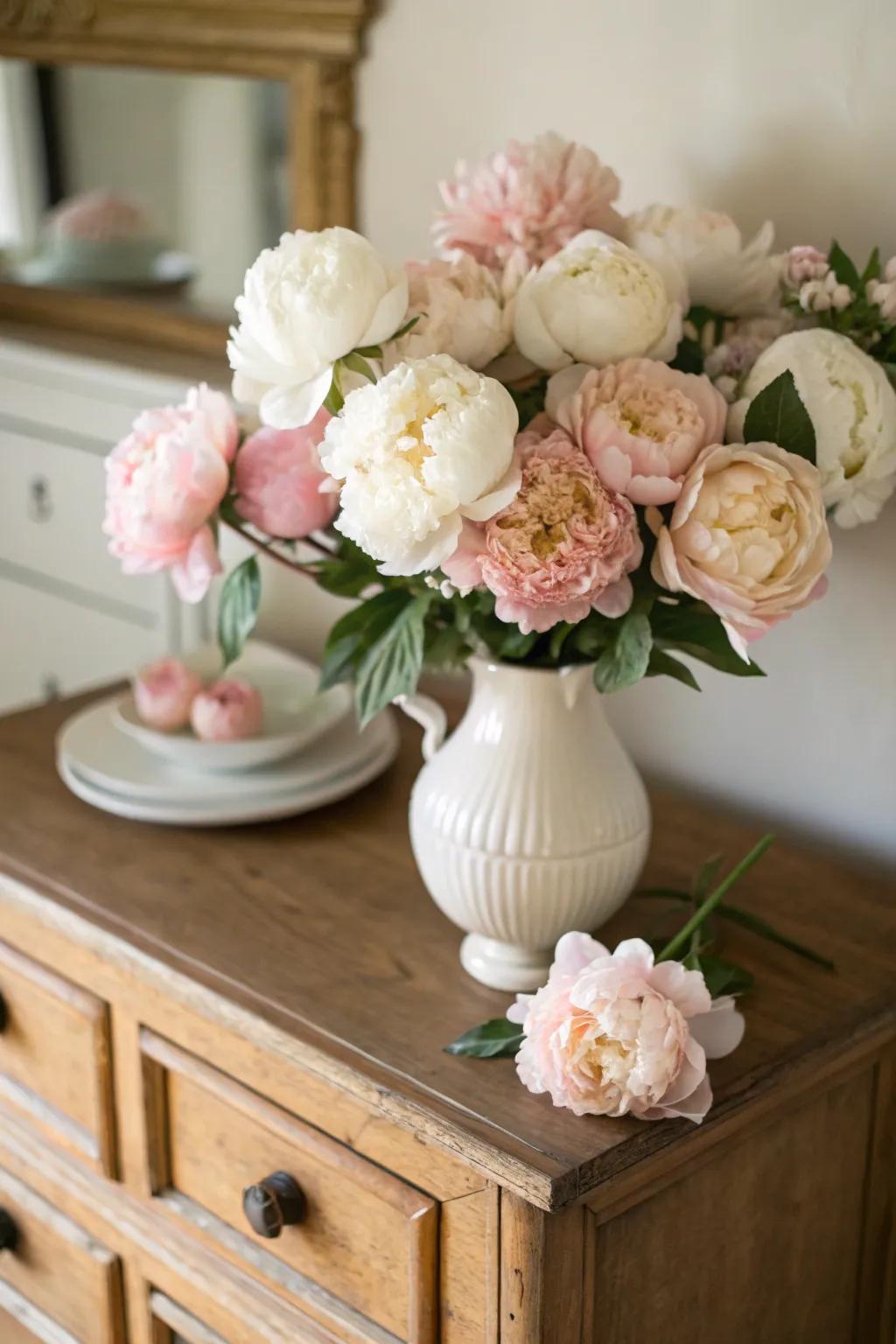 An idyllic peony arrangement showcased in soft pastel shades.