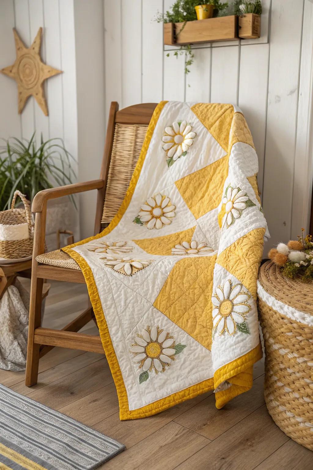 Seize the essence of sunshine with this endearing bloom loop quilt design, ideal for adding a dash of warmth and sophistication to your space.